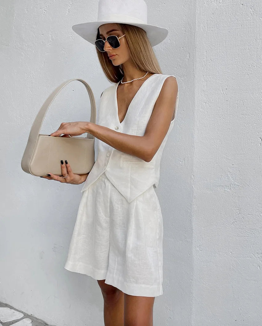 2025 Design Cotton Linen Suit Vest Suit Women's Summer Casual Sleeveless Vest Shorts Two-piece Set костюм женский летний