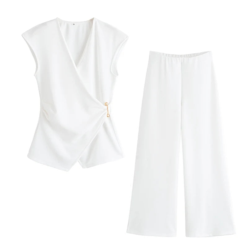 TRAF Simple Style Wide Leg Pants 2 Pieces Sets For Women Ruched Pin Vest Top Trousers Women's Suit 2025 New Casual Woman Outfits