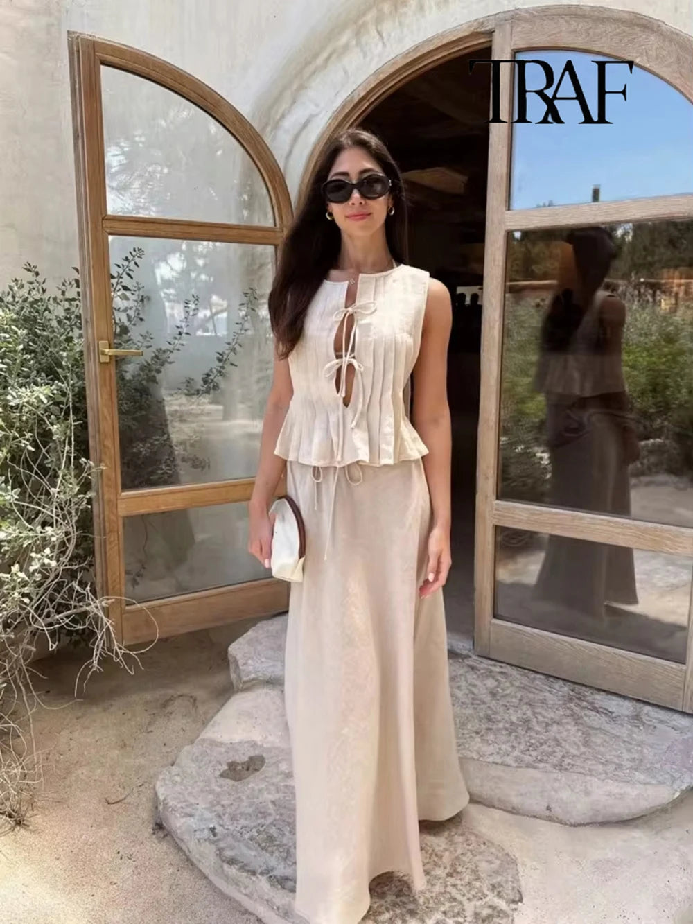 TRAF Women's Fashion Folded Ruffle Sleeveless Top Long Skirt Set Elegant White Lace Tie Blouse Chic High Waist Long Skirt Set