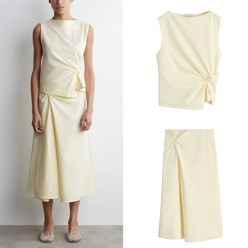 Z 2025 Summer Faion Women's Vest And Skirt Set round Ne ort Sve Boat Ne f-length Polyester Fiber Ensemble