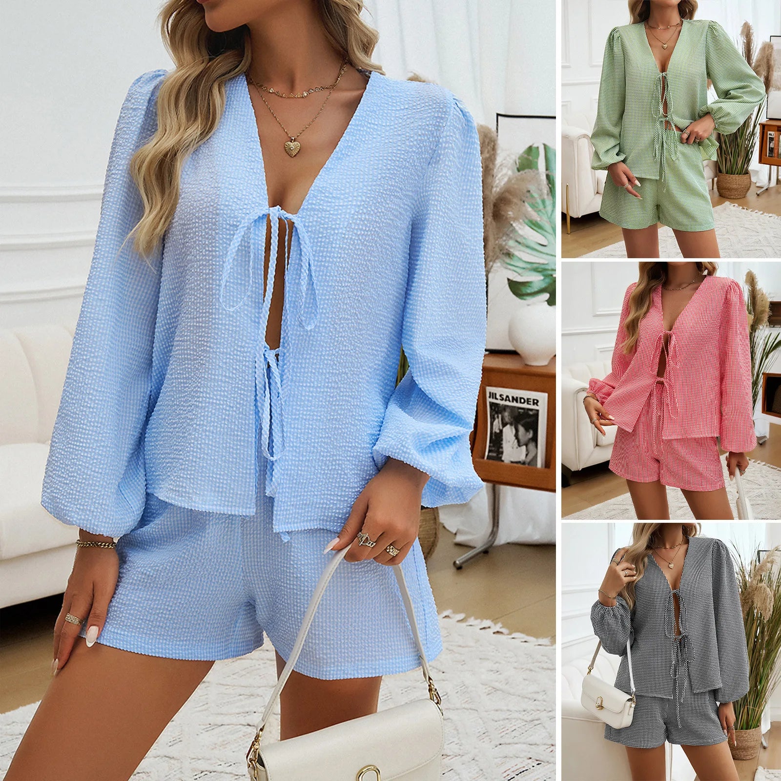 Europe and the new autumn and winter fashion women's casual loose striped cardigan long sleeve shorts suit