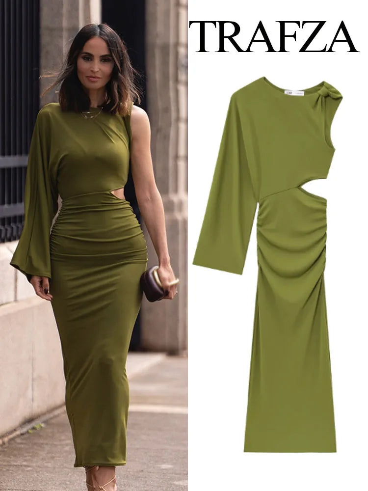 TRAFZA Female Summer Holiday Style Long Dress Green O-Neck Single-Shoulder Sleeve Hollow Out Waist Women's New Fashion Dresses