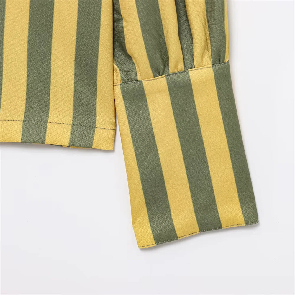 UNIZERA women's striped bubble sleeve top with round neck buckle decoration shirt for spring and summer casual women's wear