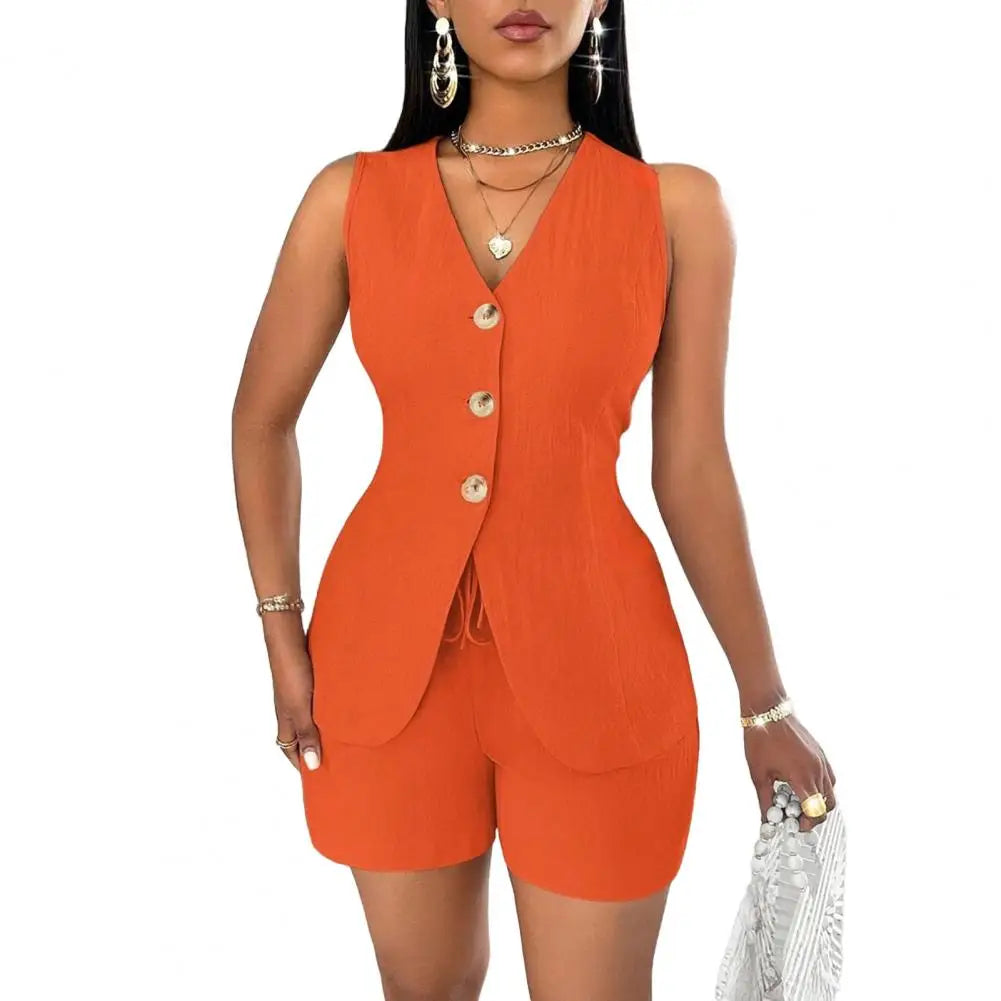 Women's Summer 2 Piece Outfits Sleeveless V Neck Button Down Vest Top Lace-up Shorts Set Casual Office Lady Business Suit