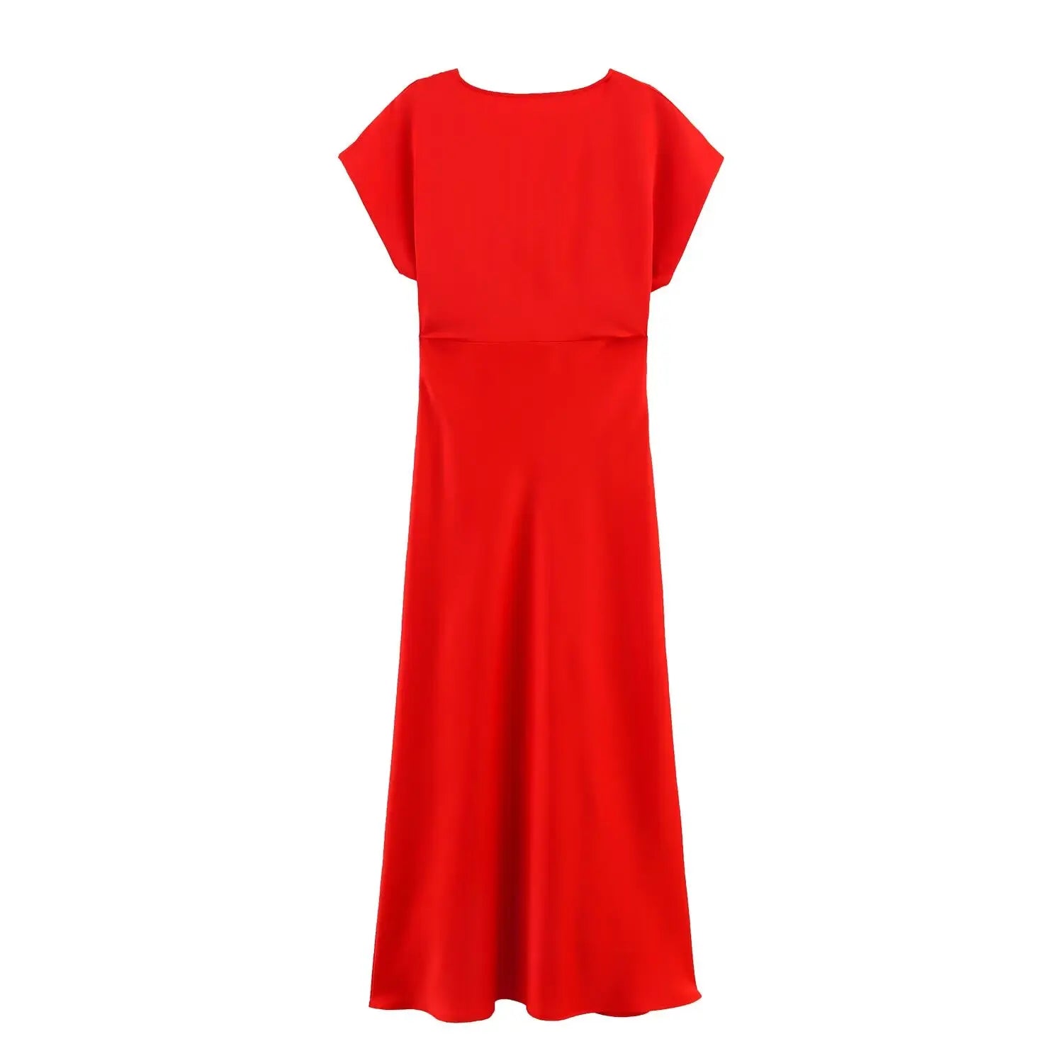 TRAFZA Summer Causal Silk Satin Texture Dresses For Women Pleated Short Sleeves Vintage V-neck Summer Pajama Style Midi Dresses