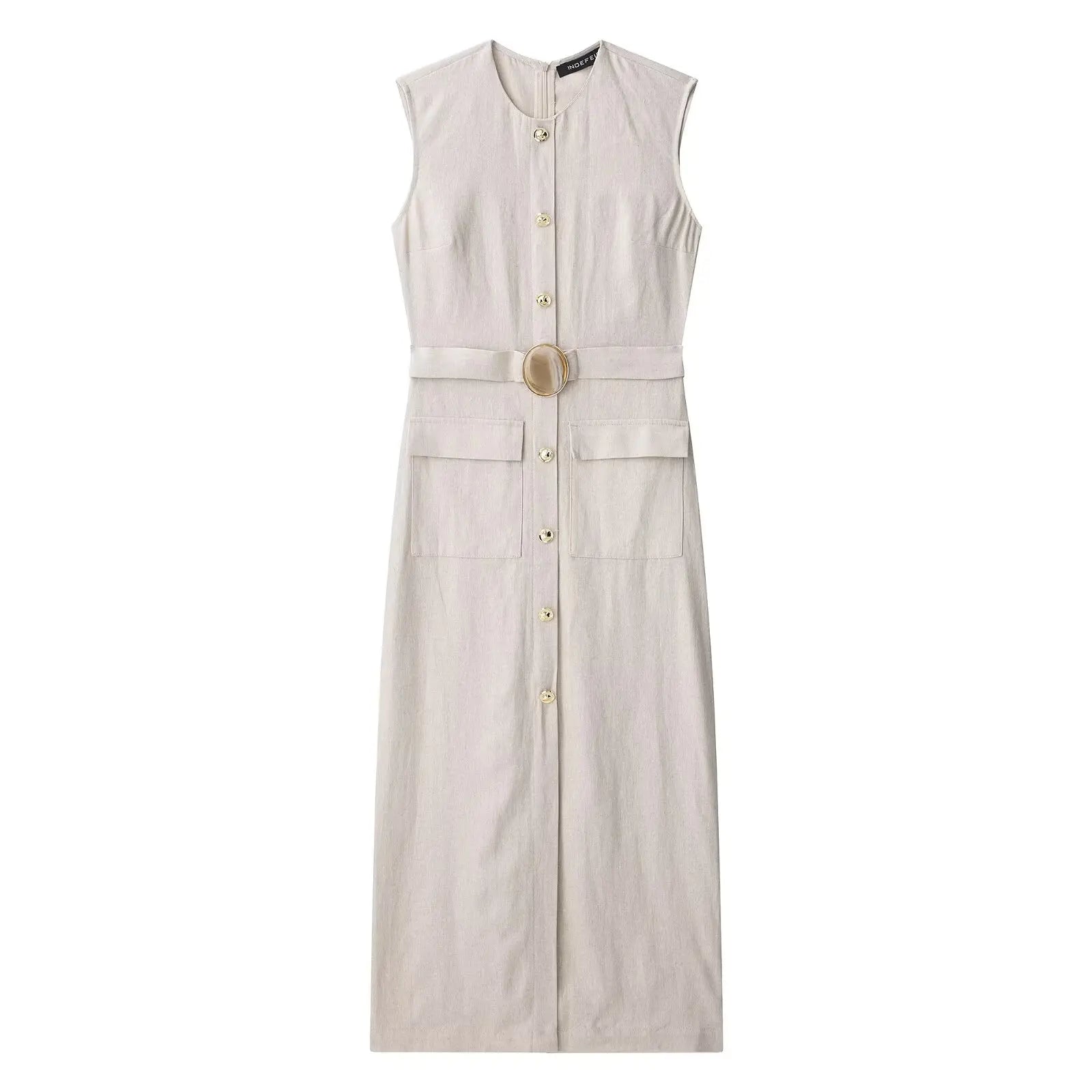 TRAFZA Women Summer New Round Neck Sleeveless Barrel Pocket Decorative Midi Dress Female Elegant Casual Long Straight Slim Dress