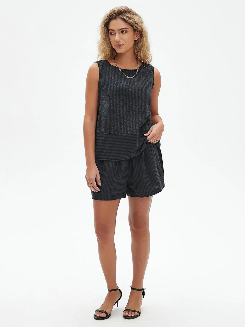 2025 New European and American Style Store Women's Summer 2-Piece Set Sleeveless Top and Shorts Striped Sports
