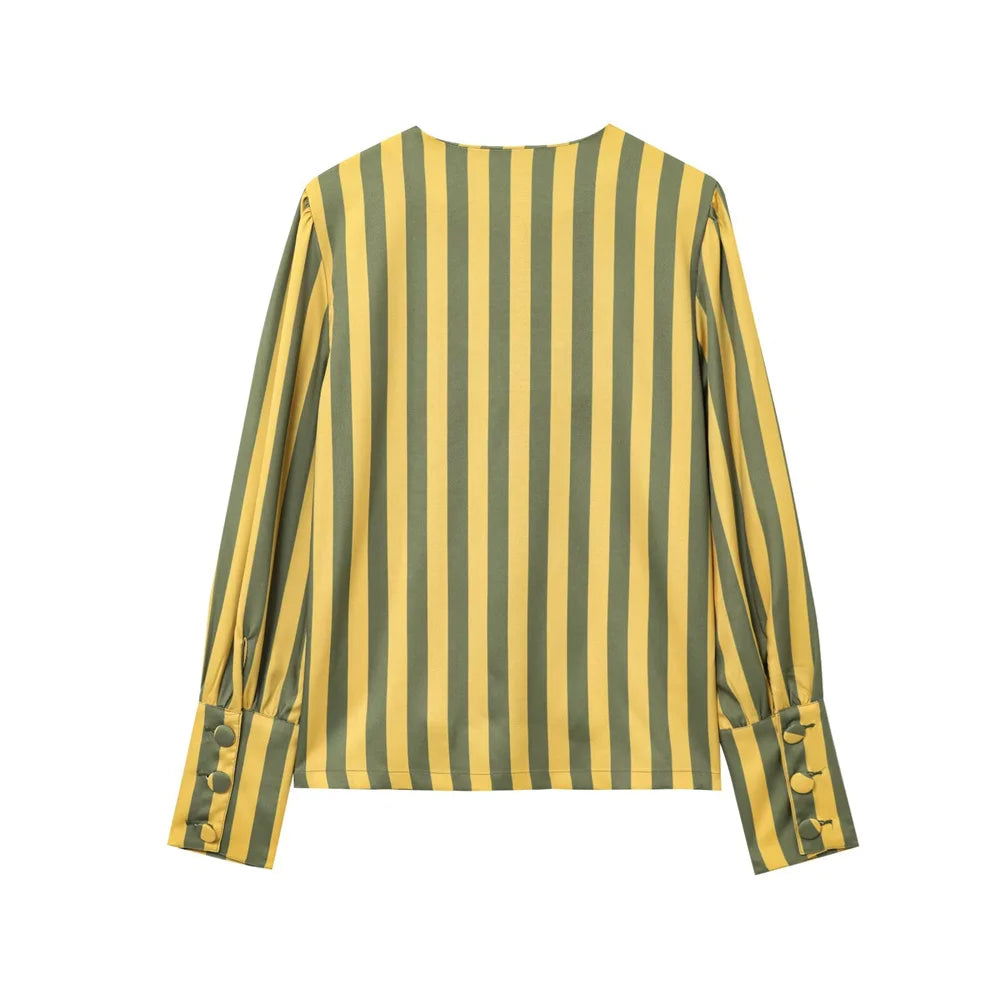 UNIZERA women's striped bubble sleeve top with round neck buckle decoration shirt for spring and summer casual women's wear