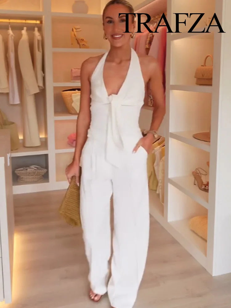 TRAFZA Women Pants Suit White Hanging Neck Collar Knot Decoration Top+Chic High Waist Side Pocket Zipper Pleated Wide-Leg Pants
