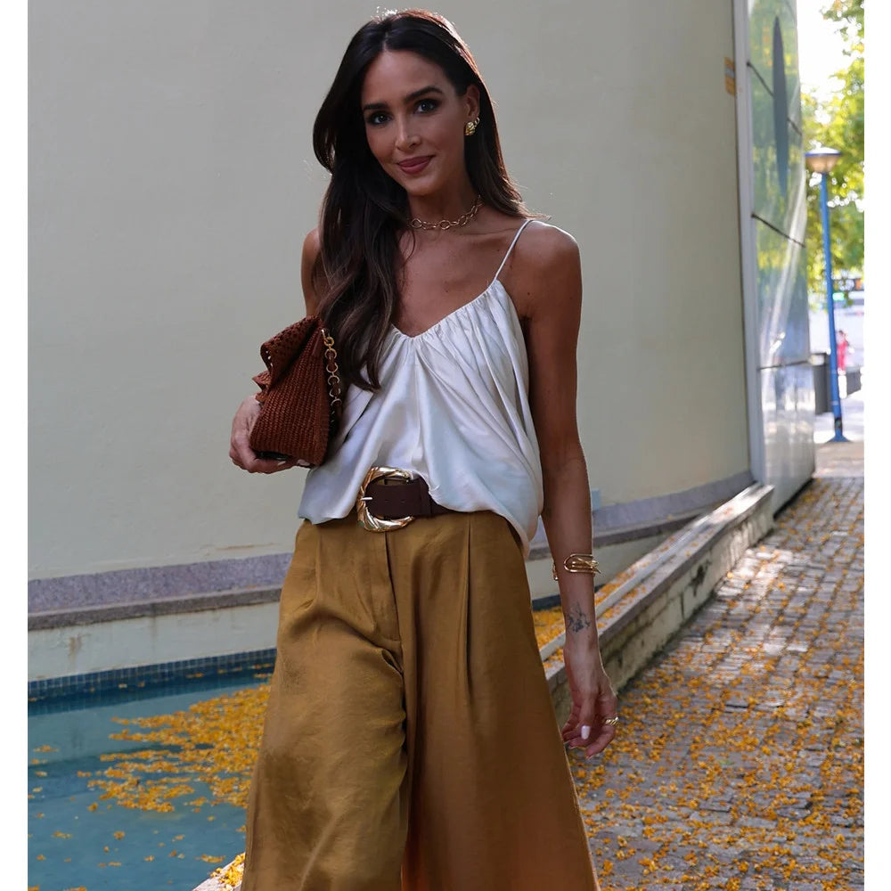 PB&ZA2025 Summer New Women's Solid Color Temperament Matching Belt Satin Textured Wide Leg Casual Pants