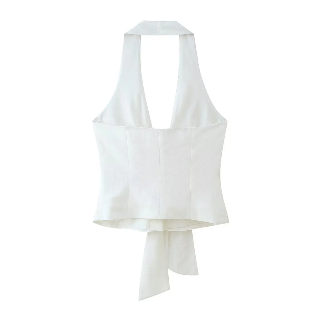 TRAFZA Women Pants Suit White Hanging Neck Collar Knot Decoration Top+Chic High Waist Side Pocket Zipper Pleated Wide-Leg Pants