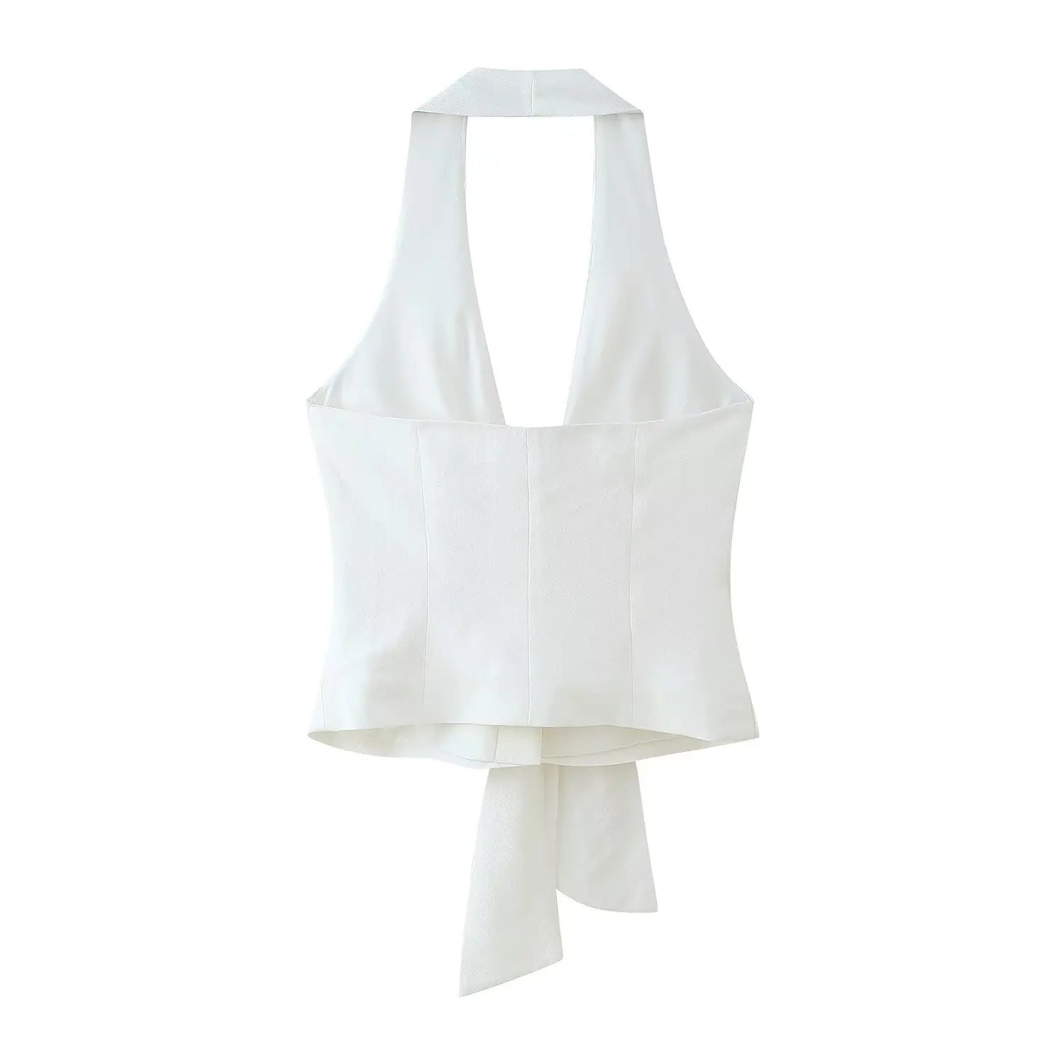 TRAFZA Women Pants Suit White Hanging Neck Collar Knot Decoration Top+Chic High Waist Side Pocket Zipper Pleated Wide-Leg Pants