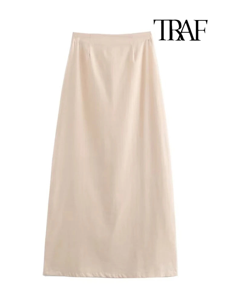 TRAF Women's Fashion Folded Ruffle Sleeveless Top Long Skirt Set Elegant White Lace Tie Blouse Chic High Waist Long Skirt Set