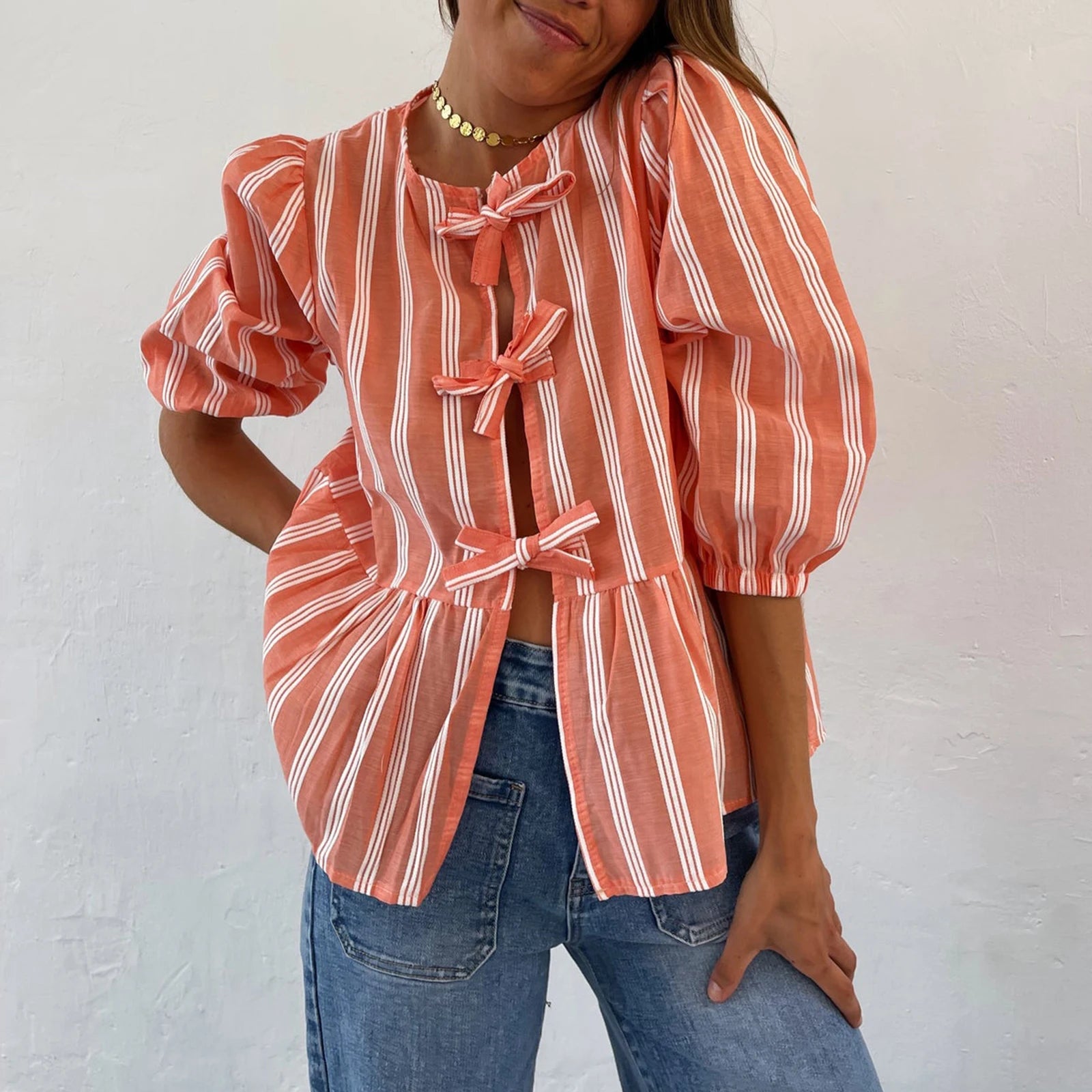 Women's Y2K Kawaii Summer Peplum Blouses Tops 3/4 Puff Sleeve Round Neck Bow Knot Tie-Up Front Babydoll Flare Casual Shirts