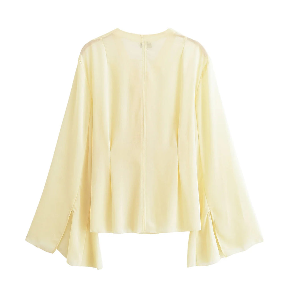 TRAFZA Women's 2025 Summer Versatile V-neck Lace-up Decorative Chiffon Loose Shirt Female Thin Pullover Casual Long Sleeve Shirt