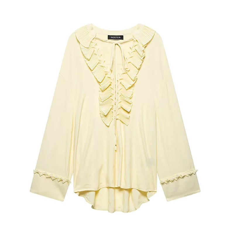 TRAFZA Female Summer Casual Chic Shirts Light Yellow V-Neck Long Sleeves Tierred Decoration Lace-Up Women's Fashion Blouses