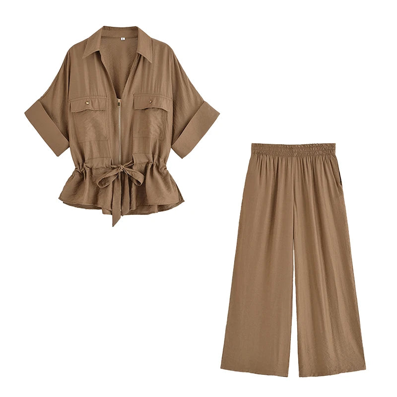 Willshela Women Fashion 2 Piece Set Solid Front Zipper Shirts & Vintage High Elastic Waist Trousers Feamle Chic Lady Pants Sets