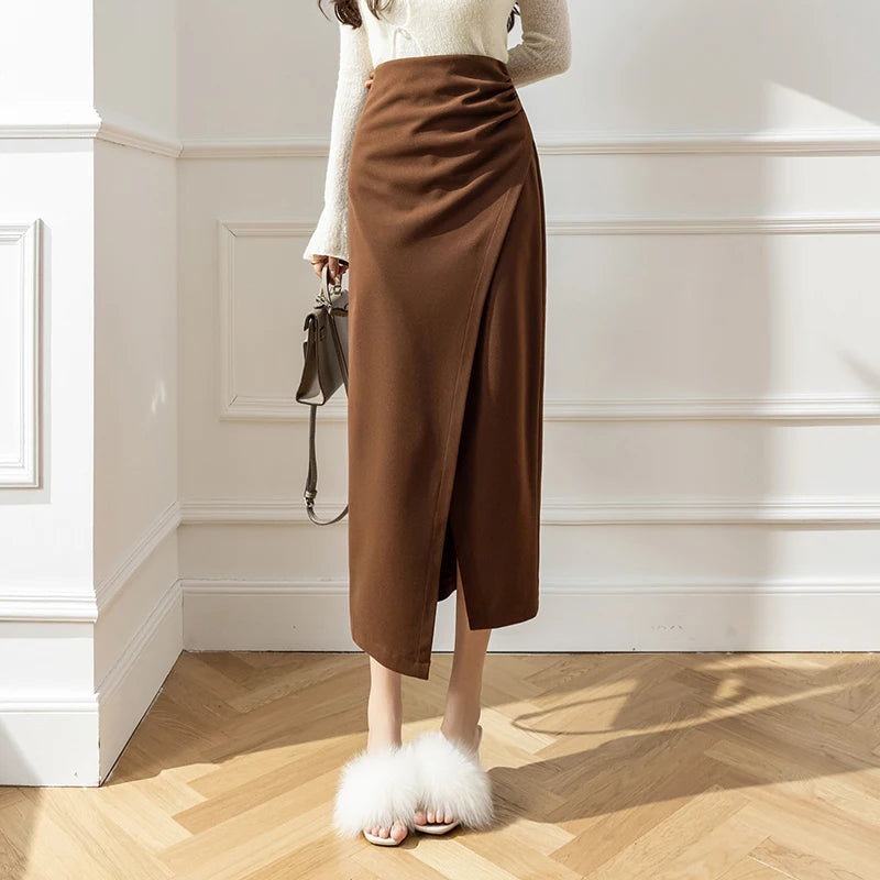 Elegant Woolen Long Skirt Women New High Waist Split Pencil Skirts Autumn Korean Solid Color Office Lady Slim Bag Hip Skirt T914