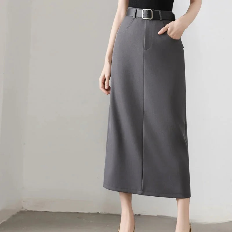 High Waist A- Line Long Skirt for Women in Black And Grey Suiting Spring Autumn Straight Cut Wrap around Skirt Polyester Fiber