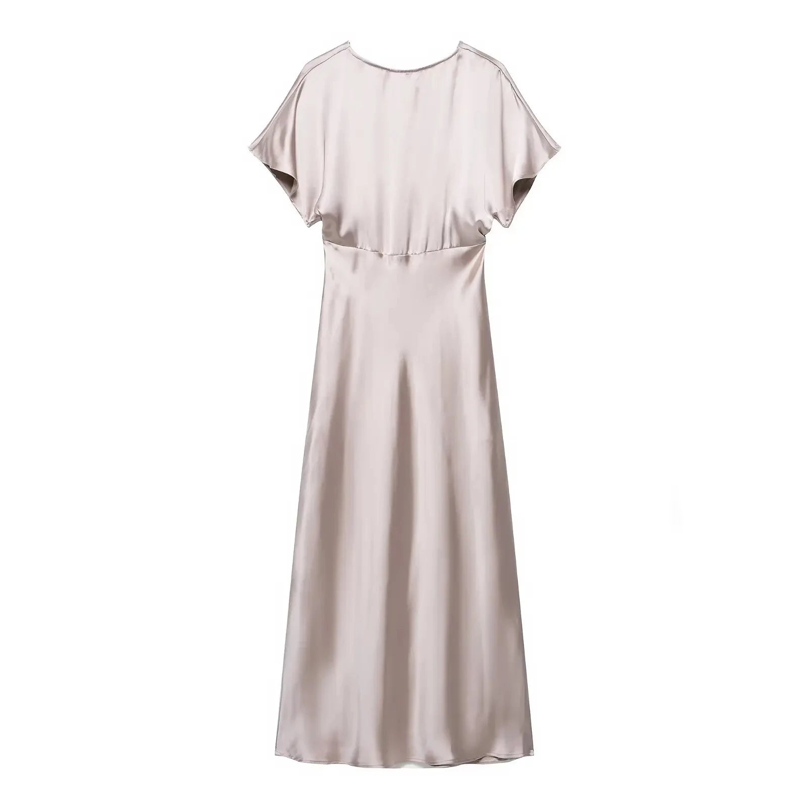 TRAFZA Summer Causal Silk Satin Texture Dresses For Women Pleated Short Sleeves Vintage V-neck Summer Pajama Style Midi Dresses