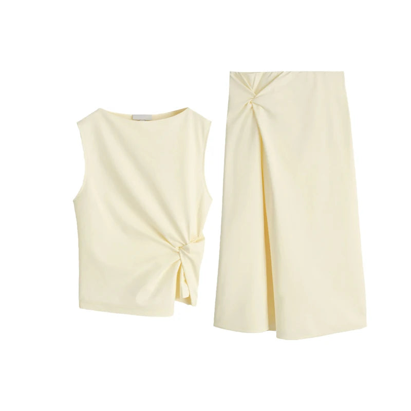 Z 2025 Summer Faion Women's Vest And Skirt Set round Ne ort Sve Boat Ne f-length Polyester Fiber Ensemble