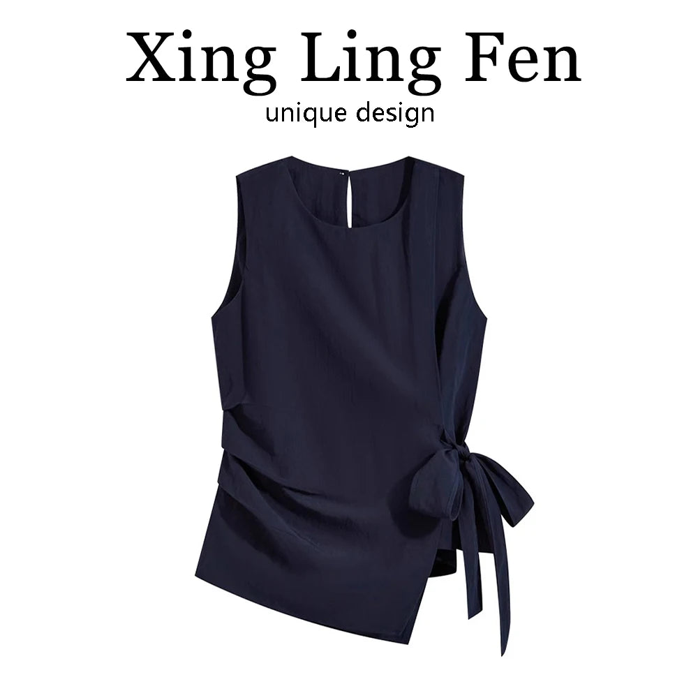 Ele Casual Svel irt Women's Faionable Design Sensation Summer 2025 New Sle Indigo Color Irregular Hem Top