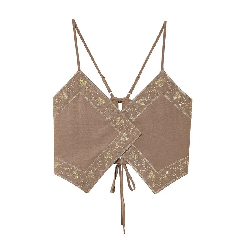 TRAFZA Female Summer Sexy Sling Tops Light Brown V-Neck Sleeveless Embroidery Lace-Up Decoration Women's Fashion Short Tops