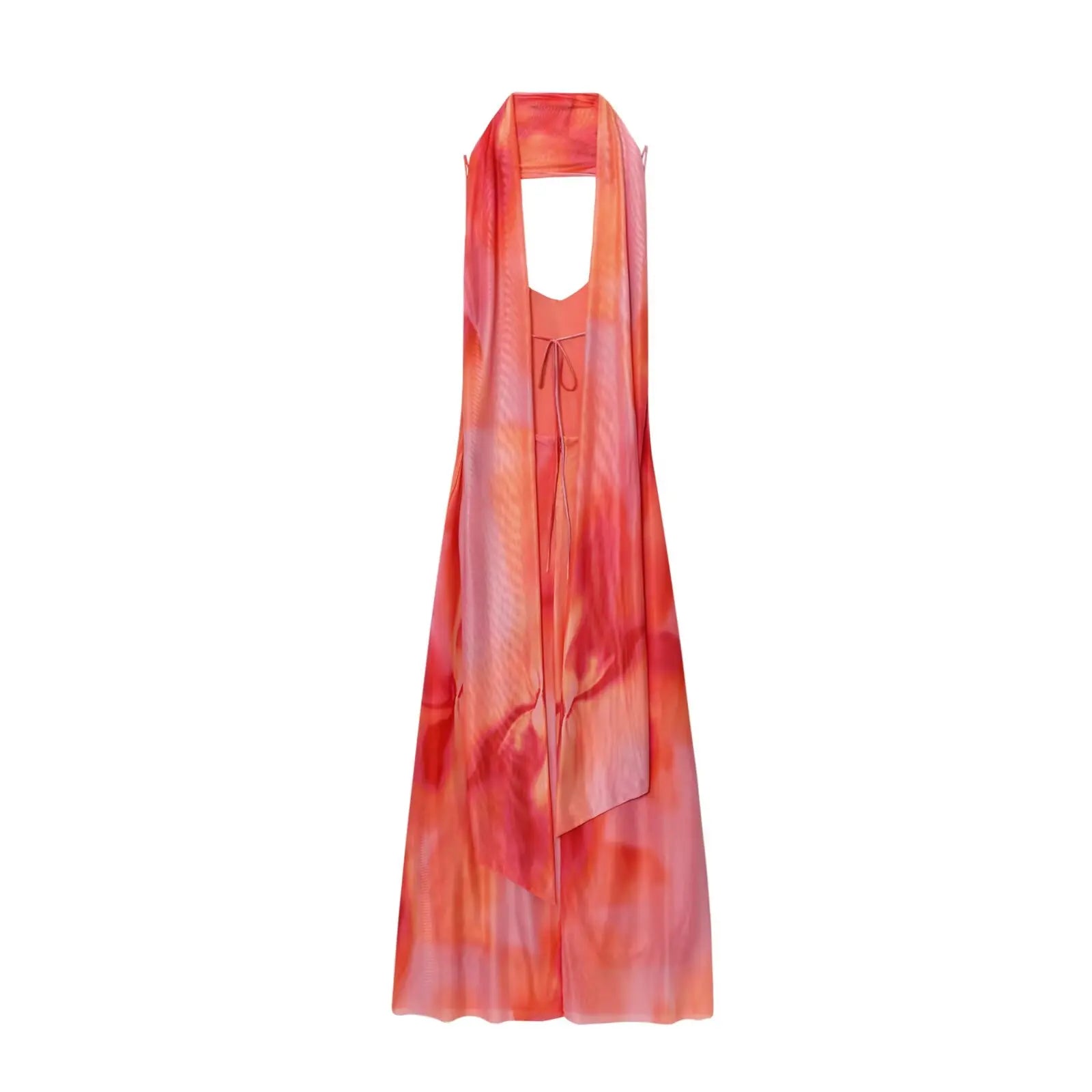 TRAF European and American style summer new fashion trend women's backless V-neck thin sling print scarf long dress