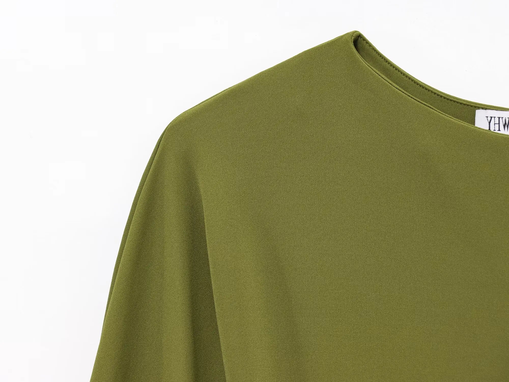 TRAFZA Female Summer Holiday Style Long Dress Green O-Neck Single-Shoulder Sleeve Hollow Out Waist Women's New Fashion Dresses