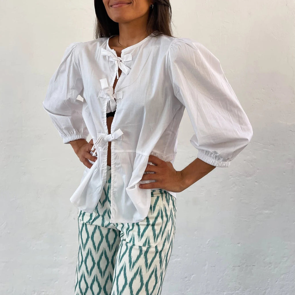 Women's Y2K Kawaii Summer Peplum Blouses Tops 3/4 Puff Sleeve Round Neck Bow Knot Tie-Up Front Babydoll Flare Casual Shirts