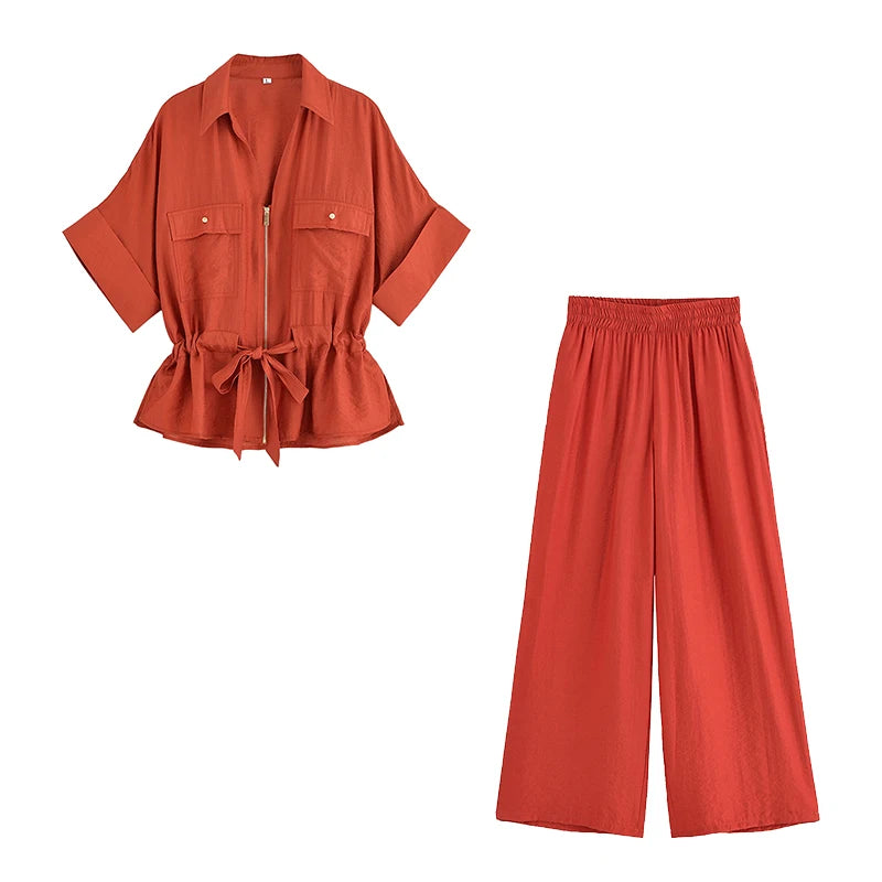 Willshela Women Fashion 2 Piece Set Solid Front Zipper Shirts & Vintage High Elastic Waist Trousers Feamle Chic Lady Pants Sets