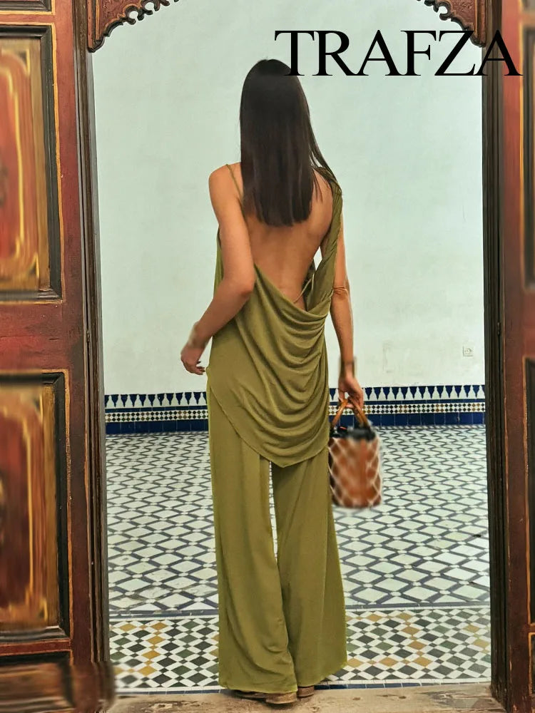 TRAFZA Women's Fashion Solid Pants Suit Backless Design With Pleated Asymmetric Sling Top Elastic Waist Wide-Leg Pants Set
