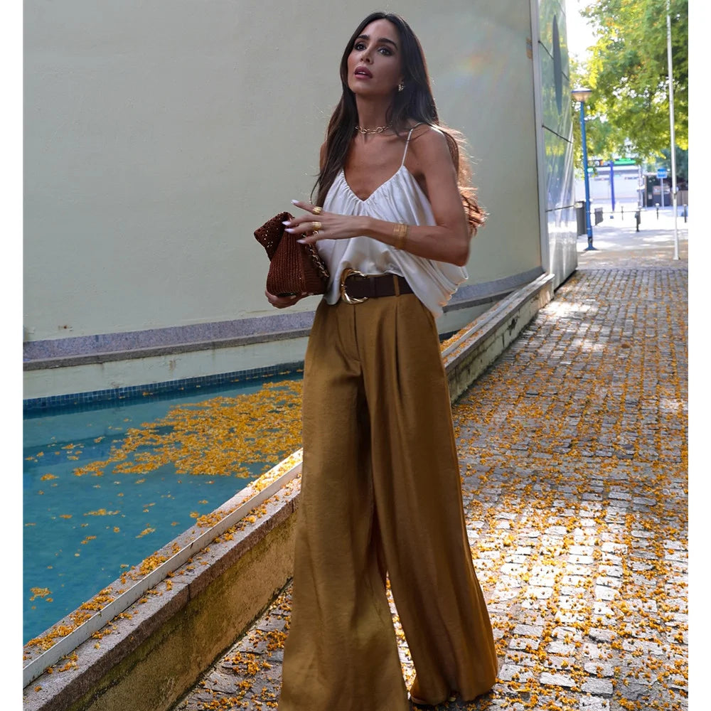 PB&ZA2025 Summer New Women's Solid Color Temperament Matching Belt Satin Textured Wide Leg Casual Pants