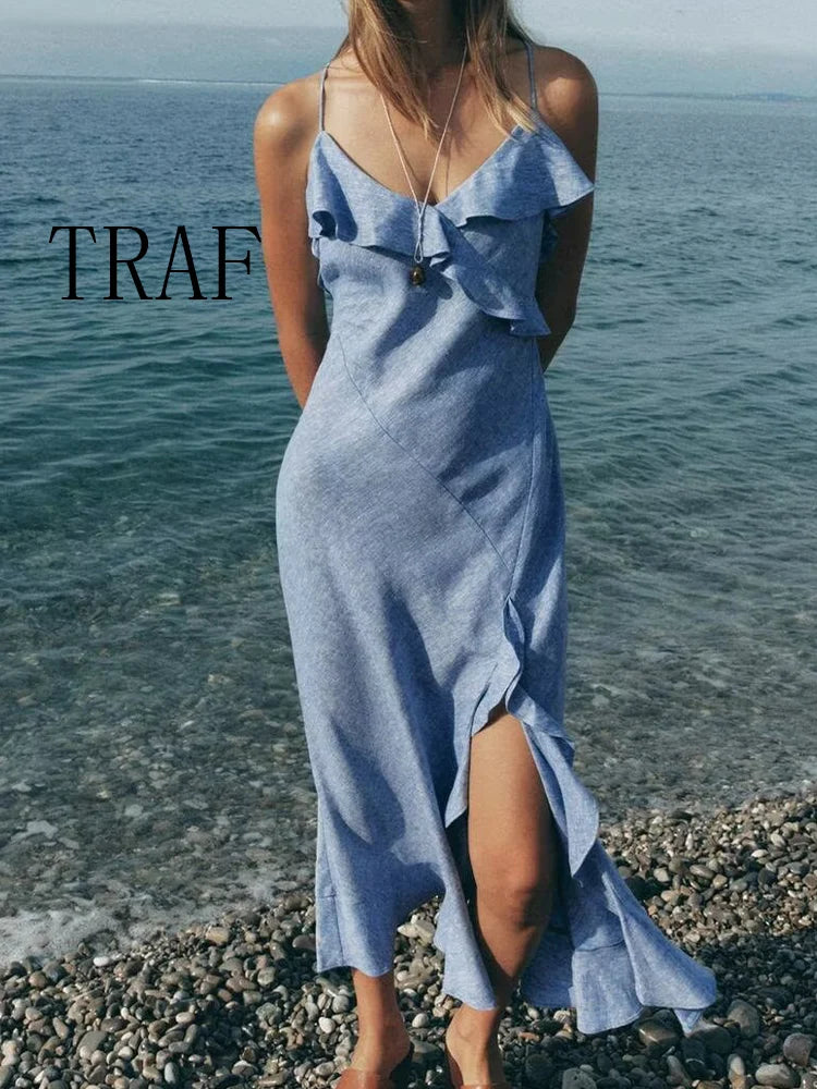 TRAF European and American style summer new fashion trend women's wear design sense linen blended layered suspender dress