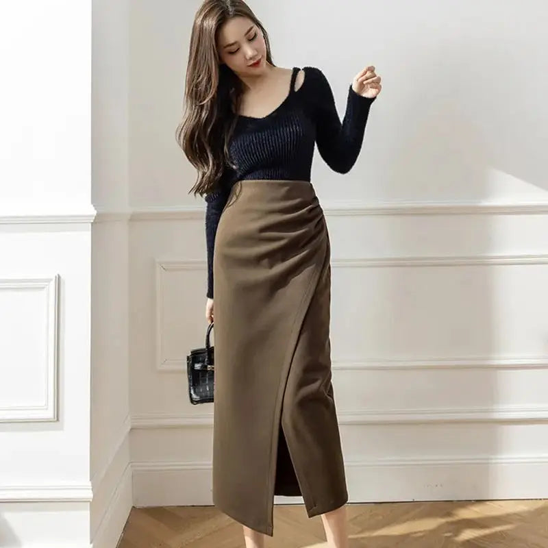 Elegant Woolen Long Skirt Women New High Waist Split Pencil Skirts Autumn Korean Solid Color Office Lady Slim Bag Hip Skirt T914