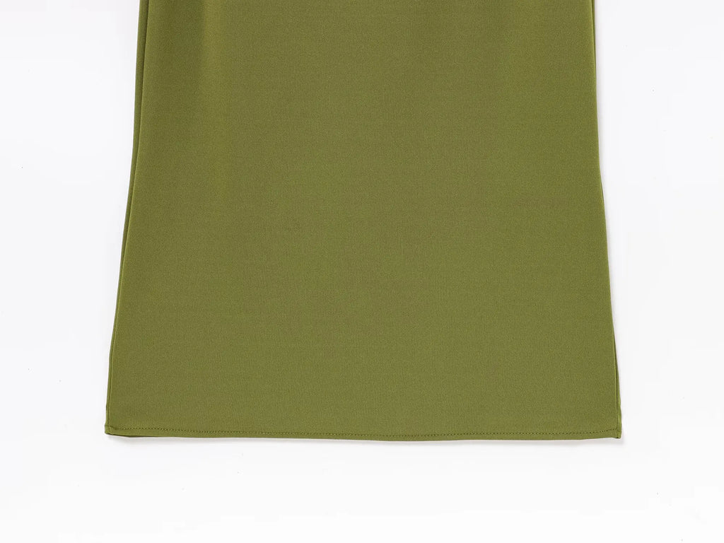 TRAFZA Female Summer Holiday Style Long Dress Green O-Neck Single-Shoulder Sleeve Hollow Out Waist Women's New Fashion Dresses