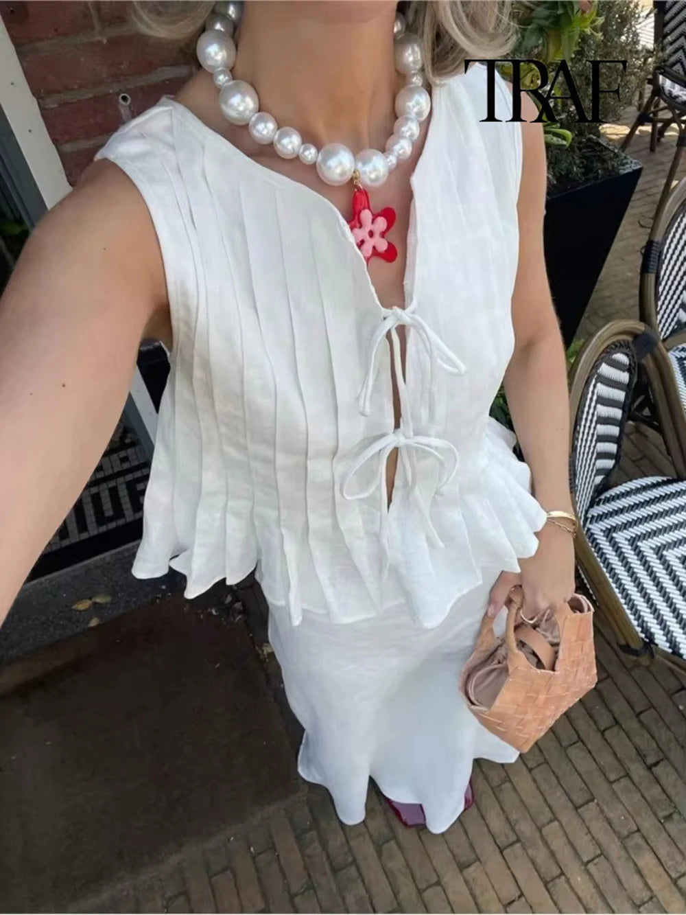 TRAF Women's Fashion Folded Ruffle Sleeveless Top Long Skirt Set Elegant White Lace Tie Blouse Chic High Waist Long Skirt Set