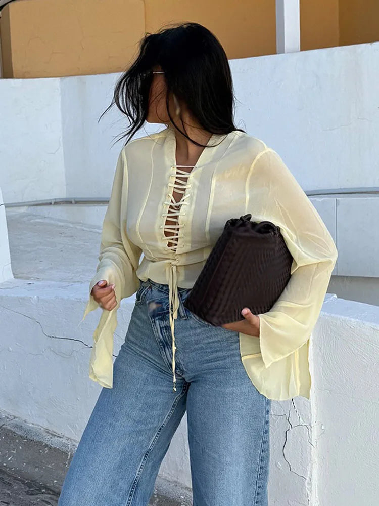 TRAFZA Women's 2025 Summer Versatile V-neck Lace-up Decorative Chiffon Loose Shirt Female Thin Pullover Casual Long Sleeve Shirt