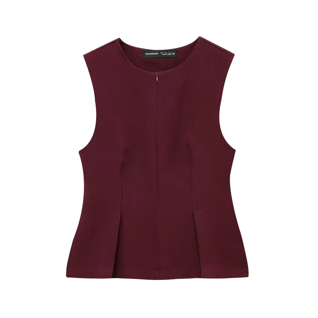 TFMLN 2025 Summer Women Solid Zipper Tops Vintage Causal Sleeveless O Neck Tank T Shirt Fashion Pleated Vest High Street Top