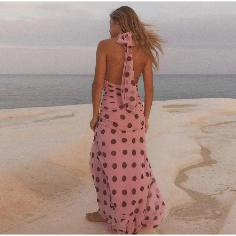 JULISSA MO Print Polka Dot Halter Women Maxi Dress Pink Sexy Backless V-neck Dress Femme Summer Slim Elegant Party Evening Dress