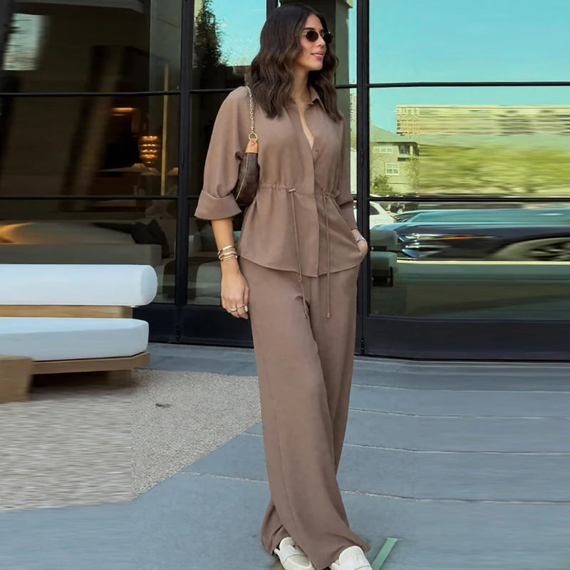 HXAO Safari Brown Pant Sets Women's Two Pieces Set Tunic Long Sleeve Shirt 2 Piece Sets Outfits High Waist Wide Leg Trouser Sets