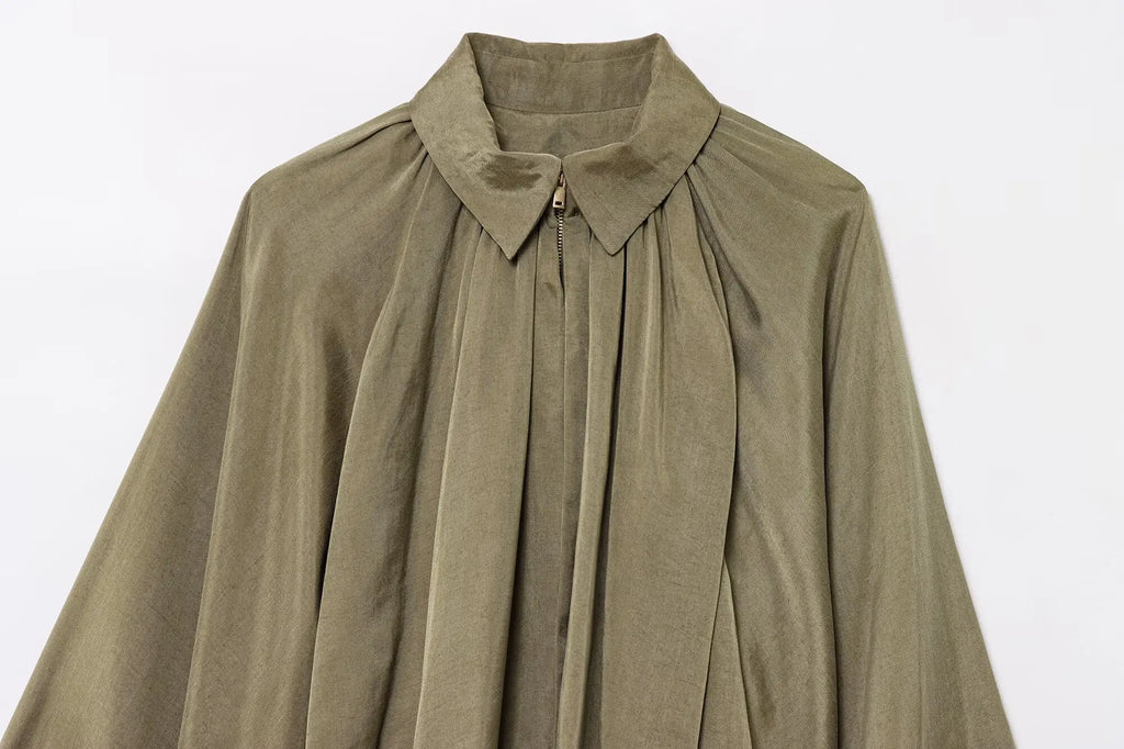 TRAFZA Spring Woman Elegant Chic Zipper Design Solid Casual Coat Women Lapel Bat Sleeve Pleated Decoration Loose Jacket Top