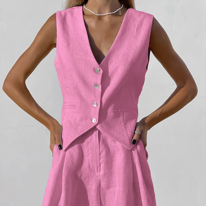 2025 Design Cotton Linen Suit Vest Suit Women's Summer Casual Sleeveless Vest Shorts Two-piece Set костюм женский летний