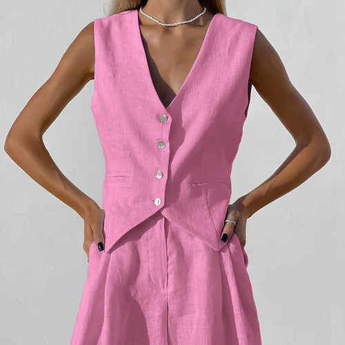 2025 Design Cotton Linen Suit Vest Suit Women's Summer Casual Sleeveless Vest Shorts Two-piece Set костюм женский летний