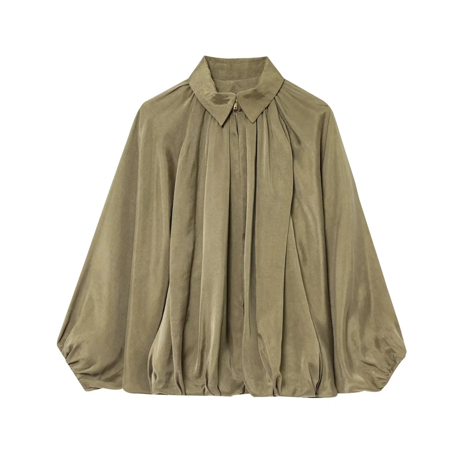 TRAFZA Spring Woman Elegant Chic Zipper Design Solid Casual Coat Women Lapel Bat Sleeve Pleated Decoration Loose Jacket Top