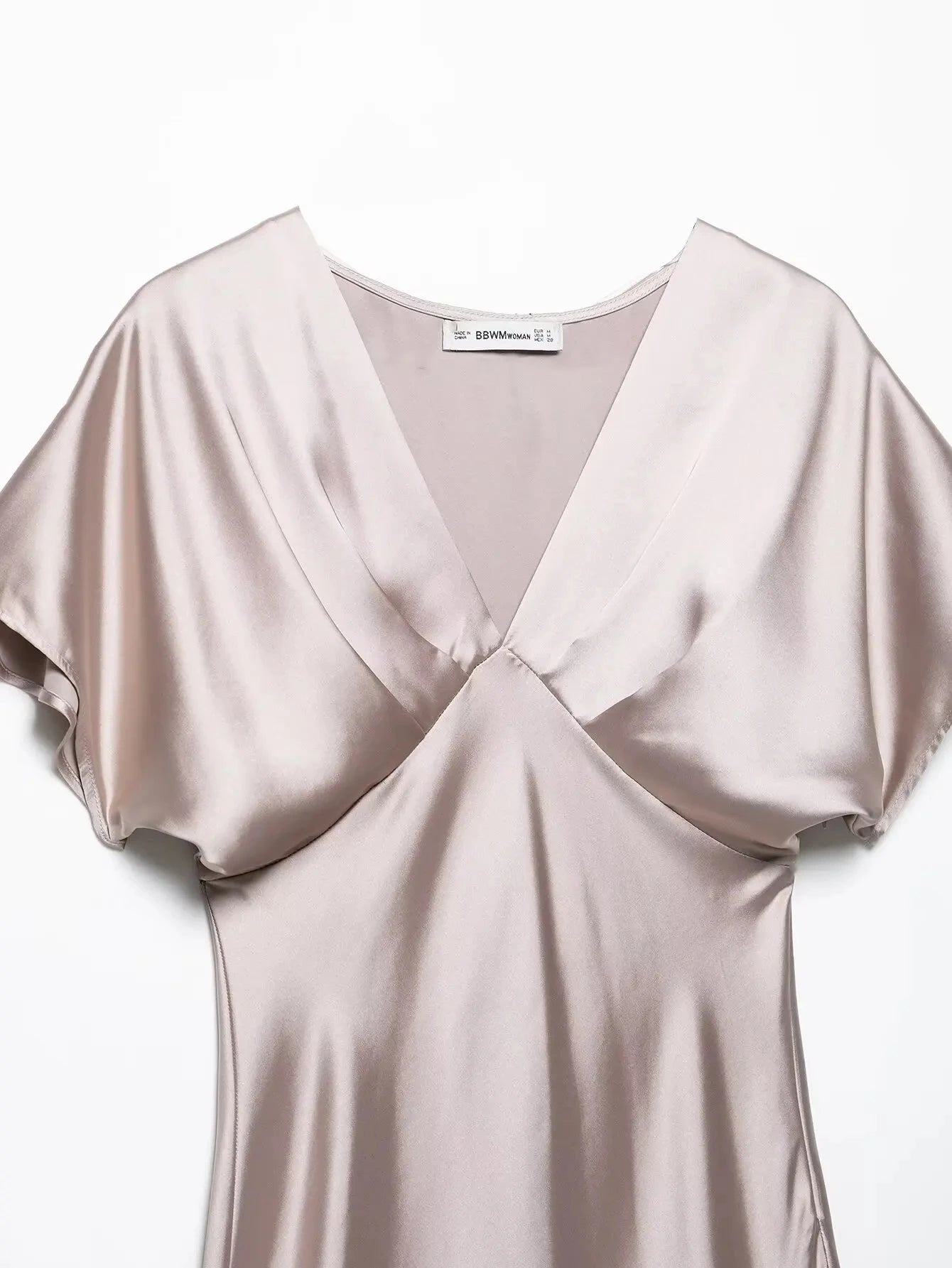 TRAFZA Summer Causal Silk Satin Texture Dresses For Women Pleated Short Sleeves Vintage V-neck Summer Pajama Style Midi Dresses