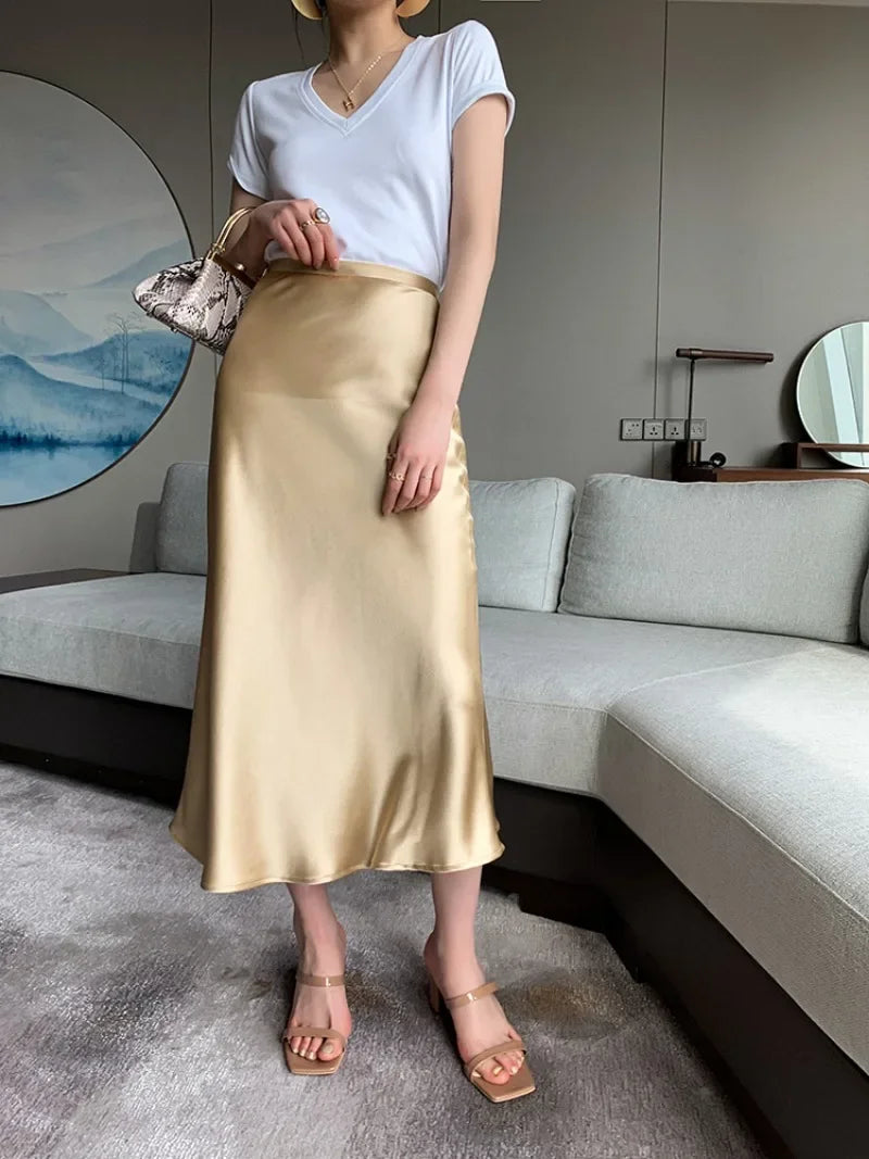High-Waisted Satin A-Line Skirt - Elegant Spring/Summer 2025