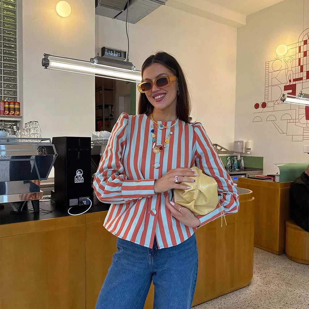 UNIZERA women's striped bubble sleeve top with round neck buckle decoration shirt for spring and summer casual women's wear