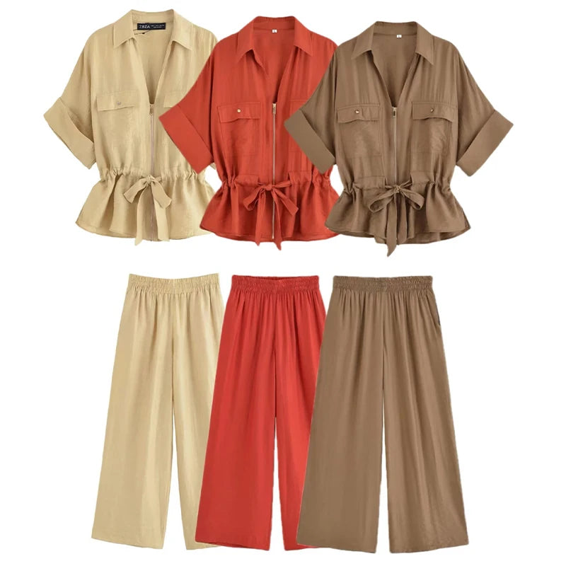 Willshela Women Fashion 2 Piece Set Solid Front Zipper Shirts & Vintage High Elastic Waist Trousers Feamle Chic Lady Pants Sets
