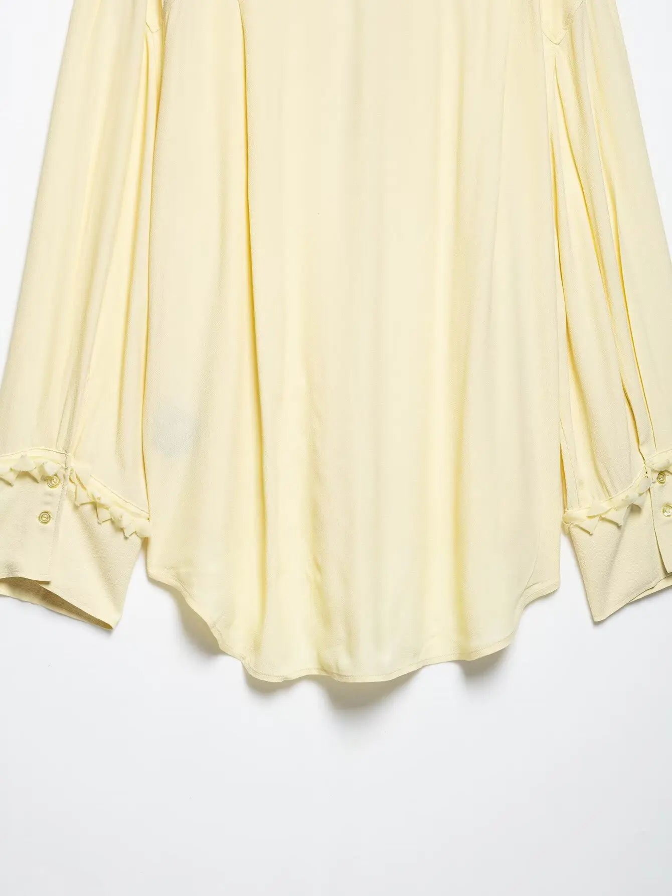 TRAFZA Female Summer Casual Chic Shirts Light Yellow V-Neck Long Sleeves Tierred Decoration Lace-Up Women's Fashion Blouses